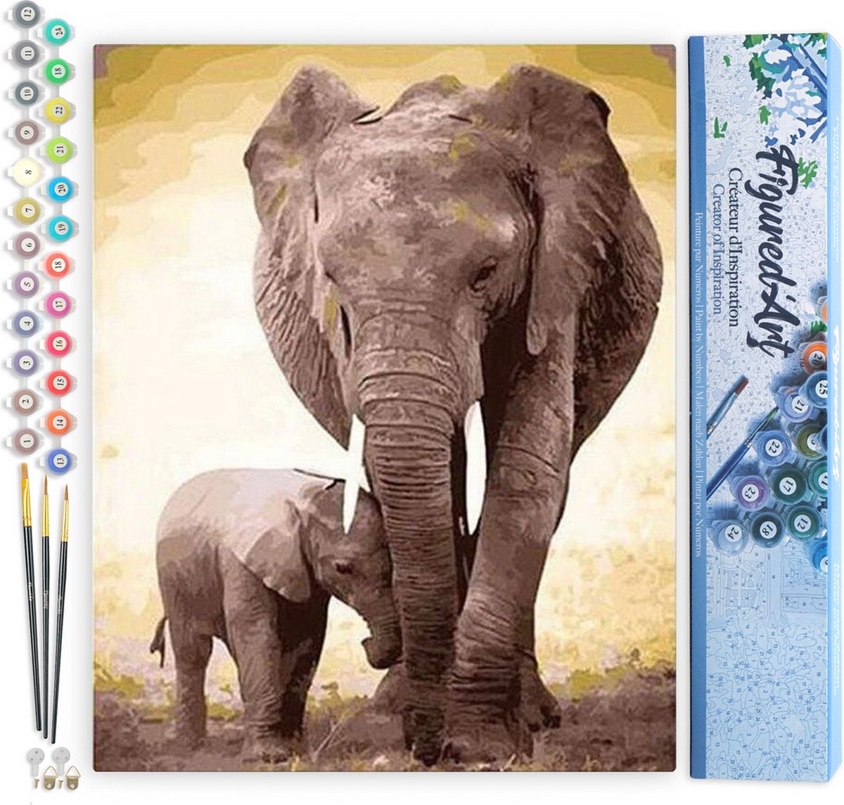 FiguredArt Schilderen op Nummer Volwassenen canvas Olifant en kalf - Handwerk acrylverf Kit DIY Compleet - 40x50cm zonder frame